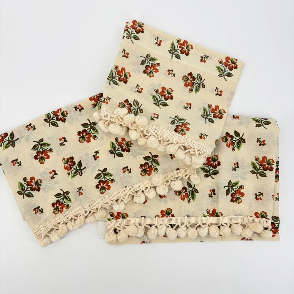 Springmaid Cafe Curtain Set Vintage NOS Floral Pom Pom Cottagecore Grandmacore